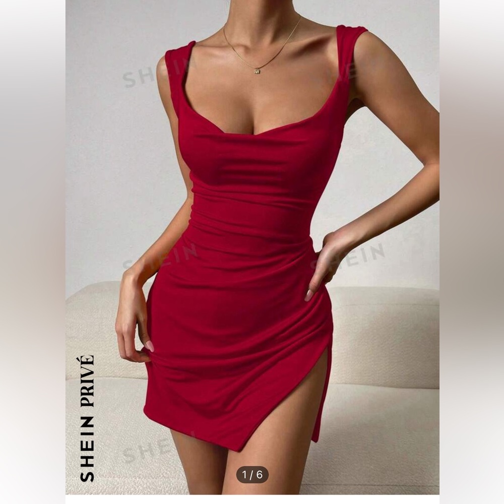 SHEIN Burgundy Red Split Thigh Mini Dress S (4)